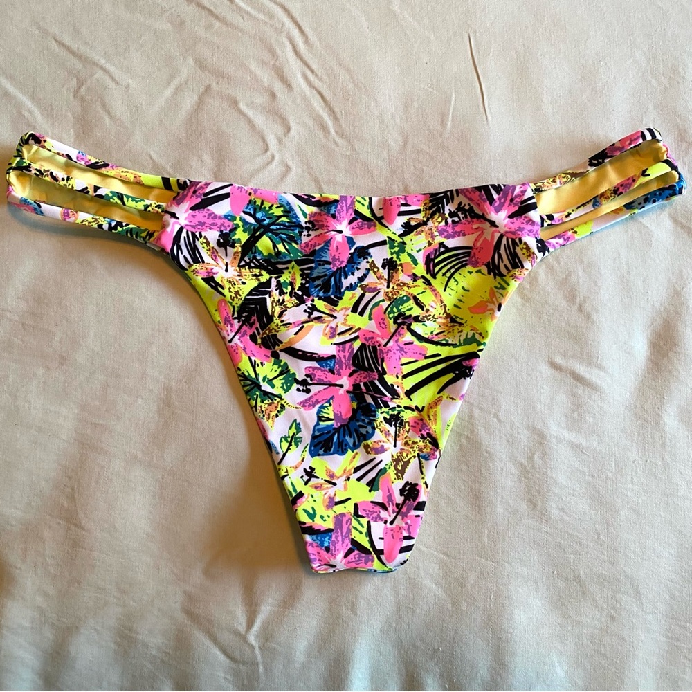 RELLECIGA Tropical Print Triple Strappy Thong Brazilian Bikini Bottom Swimwear